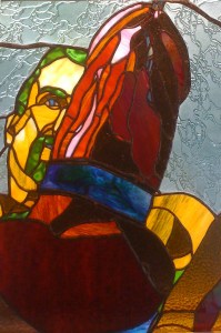 stained glass panel called ejaculation